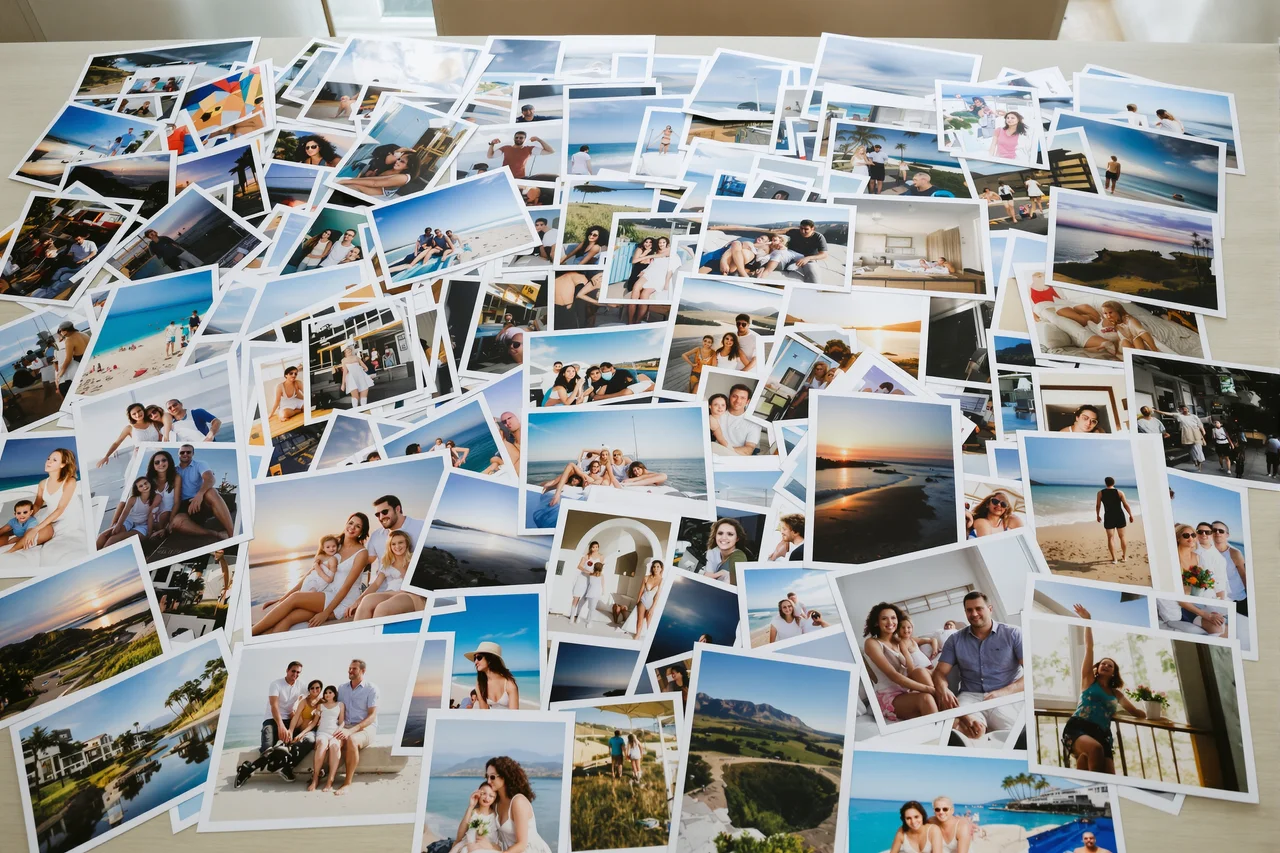 Vytlačené fotografie rôznych veľkostí rozložené na stole
