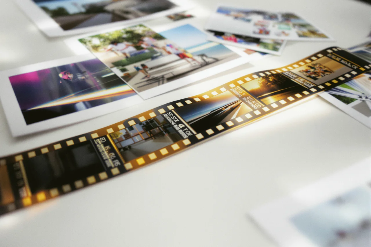 Filmový pás 35 mm vedľa hotových fotografií