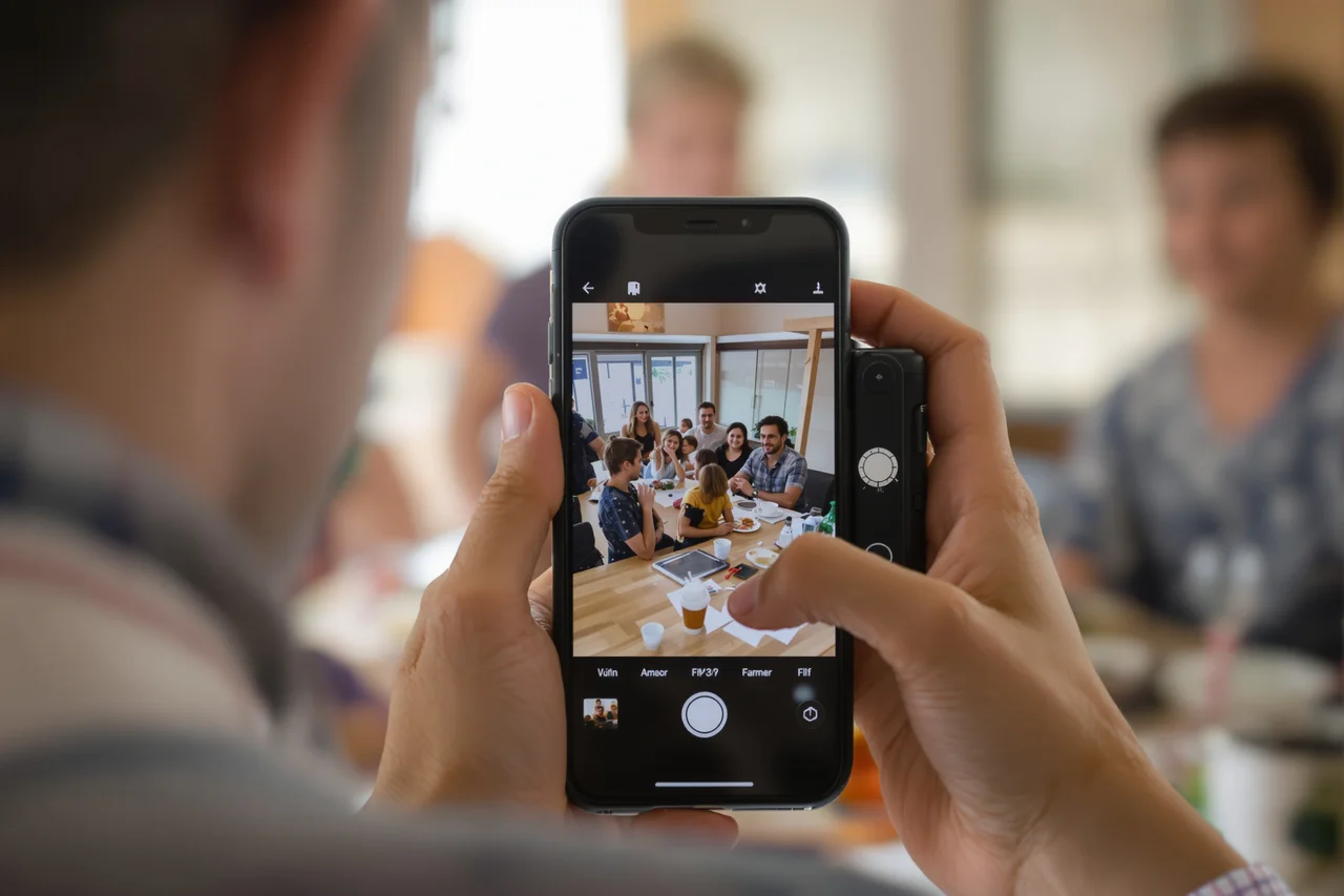 Mobil s otvoreným fotoaparátom nad vytlačenými fotografiami