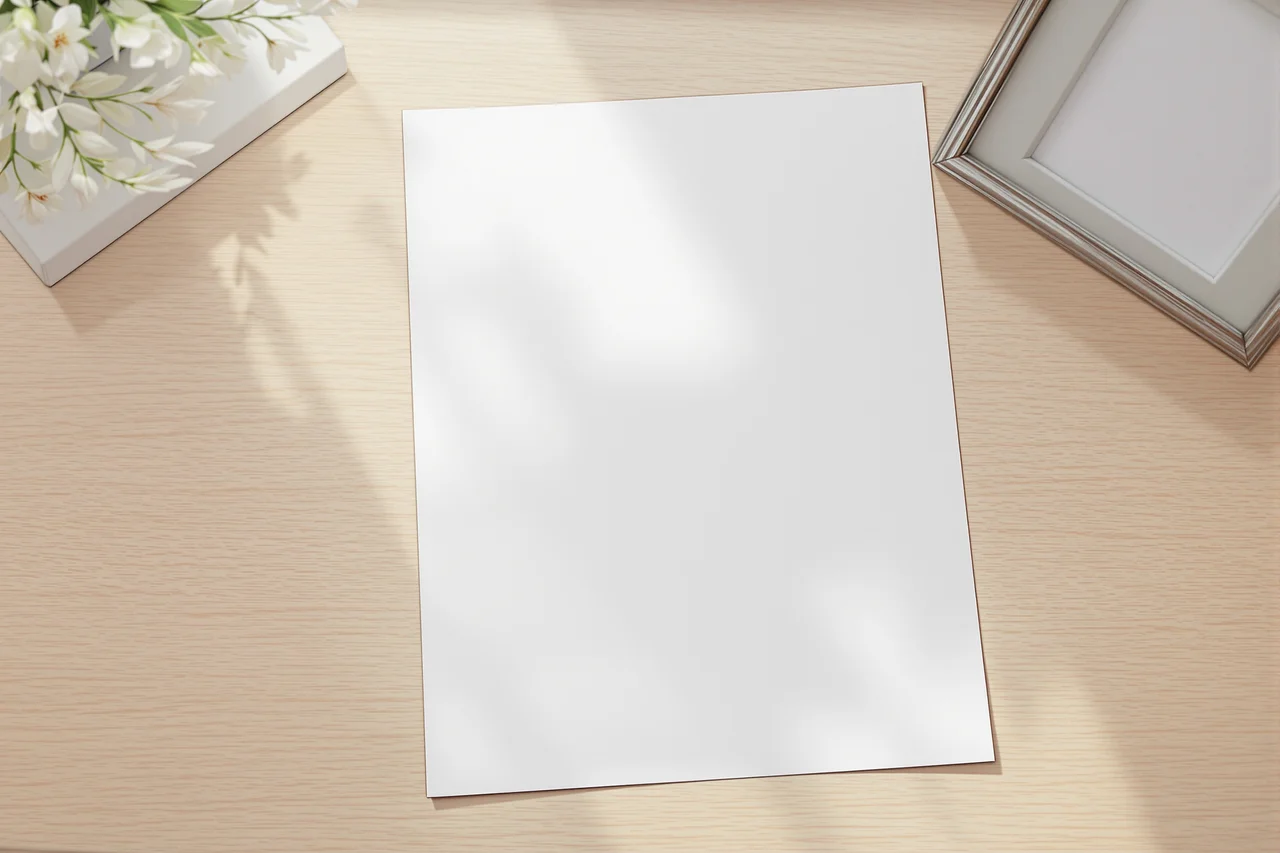 Hárok A4 a prázdny rámik na fotografie na stole