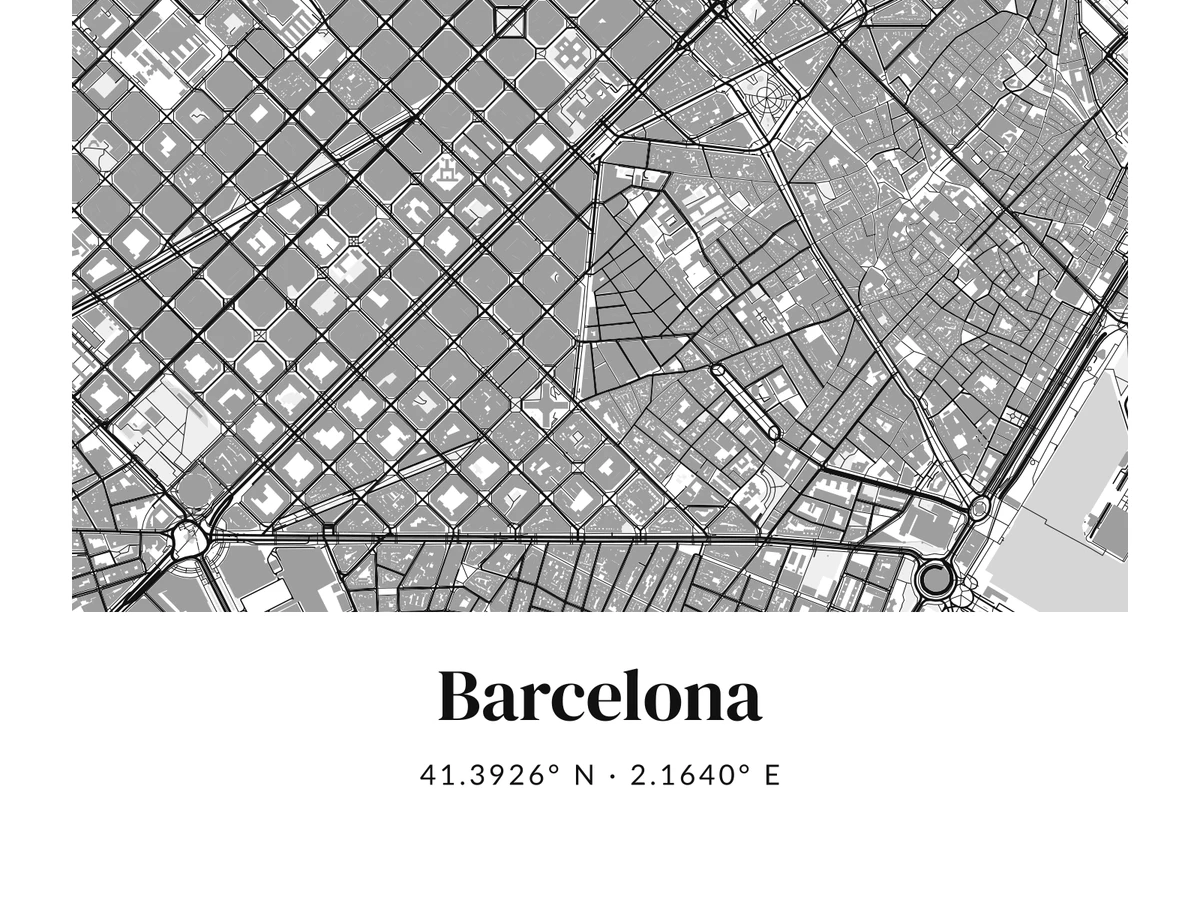 Čiernobiela mapa Barcelony s bielym okrajom, názvom a súradnicami