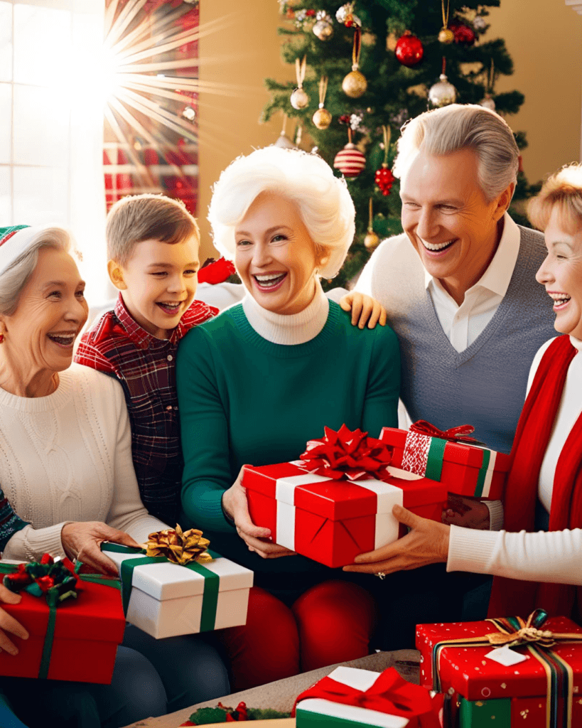 Srečna družina več generacij praznuje božič ob drevesu z darili v topli domači atmosferi